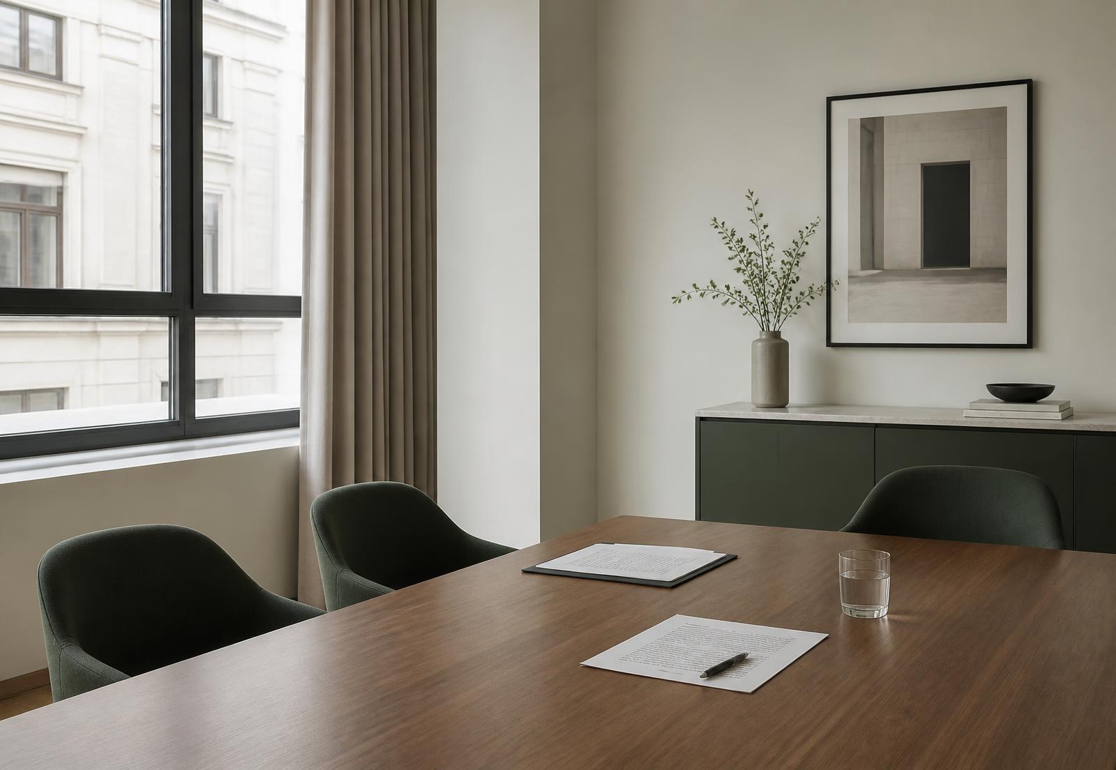 Mesa de reunião vazia em sala de escritório com luz de janela