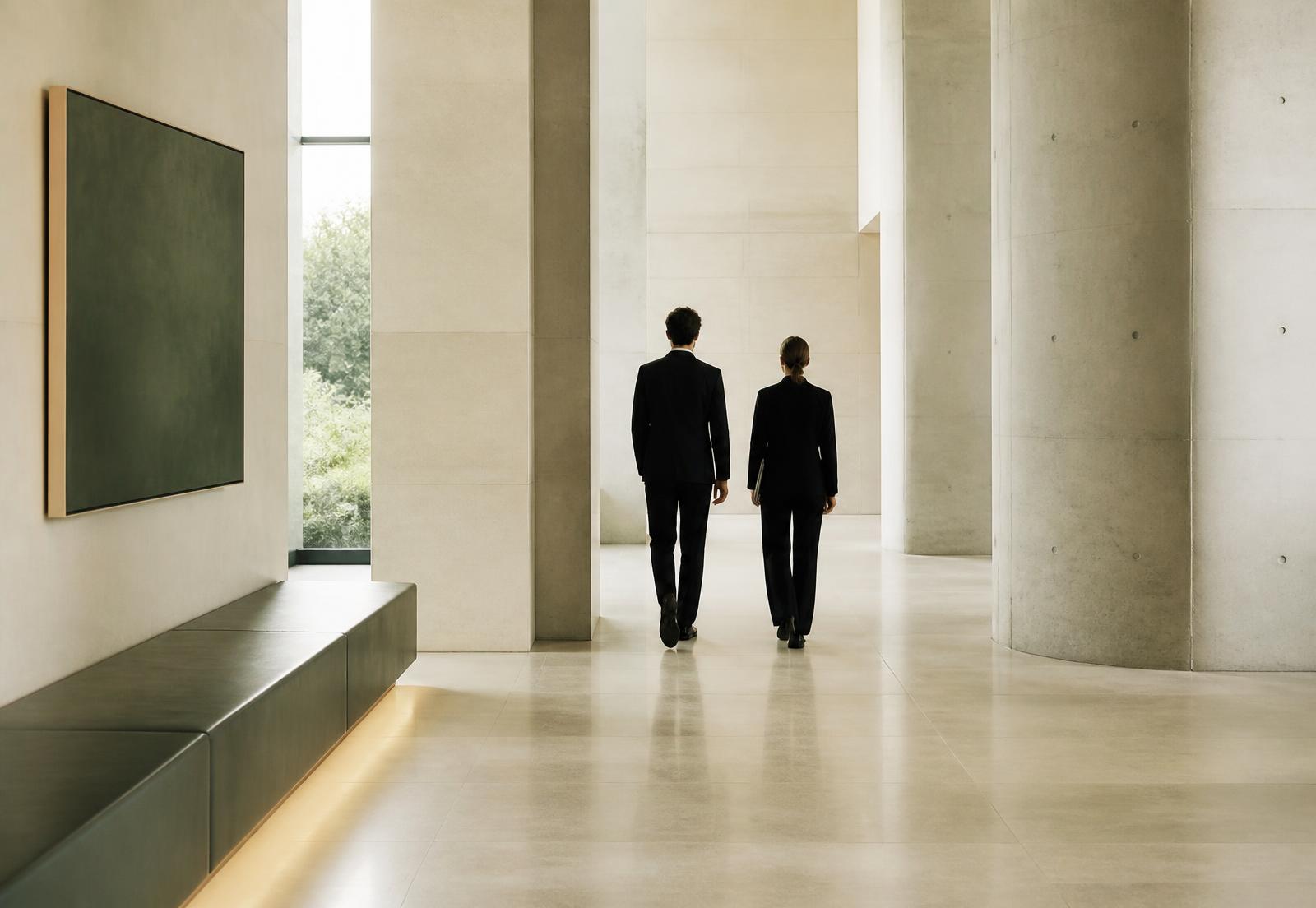 Profissionais atravessando um saguão corporativo